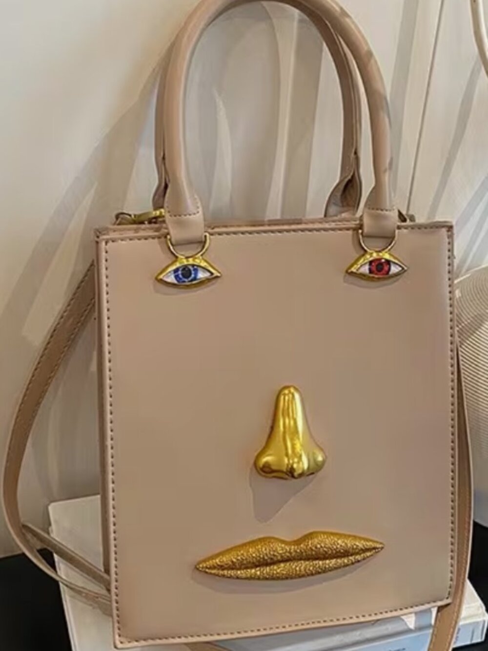 Light Beige Novelty Face Tote Bag with Gold Hardware